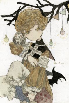 1girl acrylic_paint_(medium) animal bat_wings bird black_nails branch brown_hair closed_mouth commentary frills highres horns karintoun light_bulb long_sleeves looking_at_viewer original owl painting_(medium) parted_bangs polka_dot short_hair signature sitting symbol-only_commentary traditional_media watercolor_(medium) white_background wings