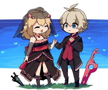 1boy 1girl :d alternate_costume black_dress blonde_hair blue_eyes breasts bridal_veil bride chibi cleavage day dress fiora_(xenoblade) formal_clothes full_body hetero jewelry knife monado mugimugis necktie open_mouth outdoors pendant shulk_(xenoblade) smile standing suit sword veil weapon wedding_dress xenoblade_chronicles_1 xenoblade_chronicles_(series)