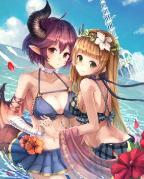 1girl ahoge anne_(shingeki_no_bahamut) beach bikini bikini_skirt black_choker blue_bikini breasts brown_eyes brown_hair choker cleavage collarbone commentary_request dragon_girl dragon_horns dragon_tail dragon_wings flower grea_(shingeki_no_bahamut) grea_(summer)_(shingeki_no_bahamut) green_bikini green_eyes hair_between_eyes highres horns itone_114 looking_at_viewer manaria_friends medium_breasts navel official_alternate_costume orange_flower pointy_ears red_flower red_hair shingeki_no_bahamut short_hair solo stomach striped_bikini striped_clothes swimsuit tail water white_choker white_flower wings