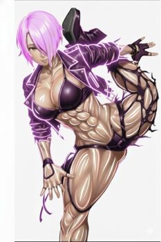 1girl angel_(kof) blue_eyes boots darwinc61194 female_focus flexible gloves glowing highres jacket leather leather_jacket looking_at_viewer muscular muscular_female neon_lights oiled oiled_body oiled_up open_clothes pale_skin panties shiny_skin short_hair smile standing standing_on_one_leg the_king_of_fighters thick_thighs thighs toned toned_female torn_clothes torn_legwear underwear white_hair
