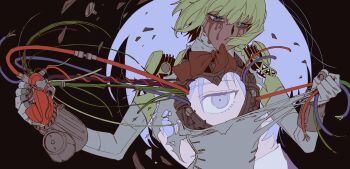 1boy 1girl absurdres aigis_(persona) android aqua_eyes black_background blonde_hair commentary crying crying_with_eyes_open hashtag-only_commentary heart-shaped_hole heart_(organ) highres holding_heart_(organ) hole_in_chest hole_on_body joints looking_down mechanical_arms neponeponepo0 persona persona_3 robot_joints short_hair simple_background tearing_clothes tears torn_clothes upper_body wire yuuki_makoto_(persona_3)