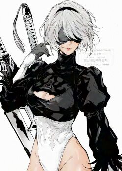 1girl 2b_(nier:automata) blindfold breasts cleavage cleavage_cutout clothing_cutout commentary covered_navel feather-trimmed_sleeves gloves grey_hair hand_up highres juliet_sleeves leotard long_sleeves medium_breasts mole mole_under_mouth nier:automata nier_(series) nishiii26miii parted_lips puffy_sleeves short_hair solo sword sword_on_back turtleneck upper_body weapon weapon_on_back white_background white_leotard