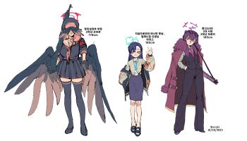 Rule 34 | 3girls, absurdres, aged up, alternate breast size (larger), alternate hair length, alternate hairstyle, aris (blue archive), bags under eyes, black hair, black pants, black thighhighs, black wings, blue archive, blue eyes, bolt action, fabarm fp6, formal clothes, gun, gun sling, hair between eyes, hair ornament, halo, haruka (blue archive), head wings, highres, holding, holding gun, holding weapon, jacket, koharu (blue archive), long hair, low wings, multiple girls, neckerchief, necktie, p14 enfield, pants, pink hair, pleated skirt, print jacket, pump action, purple eyes, purple hair, red necktie, revision, rifle, sailor collar, school uniform, serafuku, shirt, shotgun, skirt, suit, sukajan, thighhighs, translated, very long hair, wasabee777, waving, weapon, white shirt, wings