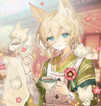 1boy animal_ears apron blonde_hair blue_eyes chibi chibi_inset chinese_commentary commentary_request cookie cup eating ensemble_stars! flower food fox_boy fox_ears fox_tail green_kimono hair_between_eyes highres holding holding_cookie holding_cup holding_food japanese_clothes kimono koikoi_love_cafe_(ensemble_stars!) long_sleeves looking_at_viewer male_focus official_alternate_costume open_mouth photo_background red_flower shirt shirt_flower shirt_under_kimono short_hair shuijiao_ren smile solo tail teacup tenshouin_eichi upper_body white_apron white_shirt wide_sleeves