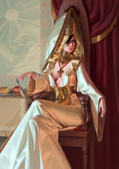 1girl absurdres blonde_hair breasts chen_zhang cleavage copyright_request cross crossed_legs dress food highres knife long_dress looking_to_the_side medium_breasts religion seat sitting solo throne weapon white_dress