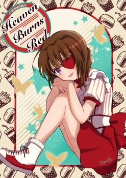 1girl :d back_bow blunt_bangs blush bow breasts brown_hair bug butterfly character_name commentary copyright_name eyepatch from_side full_body hair_between_eyes hands_up head_rest heart heart_eyepatch heaven_burns_red highres hiiragi_kozue holding holding_plate insect knees_up looking_at_viewer medium_hair one_eye_covered open_mouth own_hands_together piyo_(kinkooo333) plate puffy_short_sleeves puffy_sleeves purple_eyes raised_eyebrows red_bow red_skirt shirt shoes short_sleeves simple_background sitting skirt smile sneakers solo star_(symbol) striped_clothes striped_shirt vertical-striped_clothes vertical-striped_shirt waitress white_shirt white_shoes