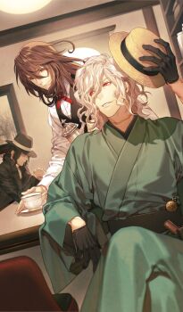 3boys black_coat black_gloves black_hair black_hat black_ribbon black_sash black_suit black_vest boater_hat brown_eyes brown_hair buttons closed_mouth coat coffee_pot collared_shirt commentary cross_tie crossed_legs cup dress_shirt dutch_angle edmond_dantes_(embarking_on_a_new_chapter_arc)_(fate) edmond_dantes_(fate) fate/grand_order fate_(series) fedora formal_clothes georgios_(fate) gilles_de_rais_(embarking_on_a_new_chapter_arc)_(fate) gilles_de_rais_(fate) gilles_de_rais_(saber)_(fate) gloves green_kimono hair_over_one_eye hat hat_ribbon hat_tip holding holding_coffee_pot holding_unworn_clothes holding_unworn_hat indoors interlocked_fingers japanese_clothes kazuki_yone kimono lapels leaning_back long_hair long_sleeves looking_at_another looking_back low_ponytail medium_hair multiple_boys notched_lapels official_alternate_costume official_art own_hands_together painting_(object) parted_lips ponytail red_cross_tie red_eyes ribbon sash saucer scar scar_on_neck shirt sidelocks sitting smile straw_hat suit teacup teeth third-party_source unworn_hat unworn_headwear vest waiter white_hair white_ribbon white_shirt wide_sleeves wing_collar