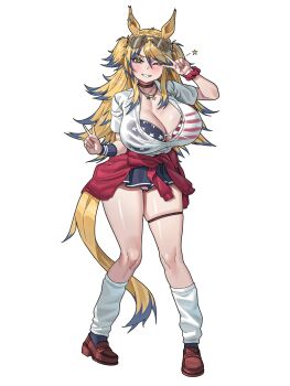 Rule 34 | 1girl, american flag, american flag bikini, american flag print, animal ears, artist collaboration, bikini, black skirt, blonde hair, blue eyes, blue hair, breasts, brown shoes, brups tv, cardigan, cardigan around waist, center opening, cleavage, clothes around waist, commentary, double v, eyewear on head, flag print, flag print bikini, grey-framed eyewear, highres, horse ears, horse girl, horse tail, huge breasts, loafers, microskirt, multicolored hair, obey your master (umamusume), print bikini, red cardigan, red scrunchie, scrunchie, see-through clothes, see-through shirt, seventeencrows, shirt, shoes, short sleeves, simple background, skindentation, skirt, smile, socks, solo, standing, star-shaped pupils, star (symbol), streaked hair, swimsuit, symbol-shaped pupils, tail, thick thighs, thigh strap, thighs, two side up, umamusume, umamusume: cinderella gray, v, v over eye, white background, white shirt, white socks, wrist scrunchie, yellow tail