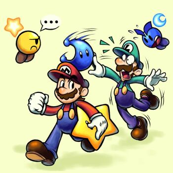 ... 2boys alternate_costume axelorca blue_overalls boots brown_boots brown_hair commentary crescent english_commentary facial_hair gloves green_background green_hat green_shirt hat luigi lunaris_(mario_&amp;_luigi:_stellar_bonds) mario mario_&amp;_luigi:_stellar_bonds mario_&amp;_luigi_rpg mario_(series) multiple_boys mustache nintendo open_mouth overalls power_moon red_hat red_shirt shirt short_hair simple_background star_(symbol) starlow super_star_(mario) teeth upper_teeth_only white_gloves