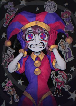 absurdres asymmetrical_gloves black_bow black_bowtie blue_eyes blue_gloves blush_stickers bow bowtie brown_hair bubble_(the_amazing_digital_circus) button_eyes buttons caine_(the_amazing_digital_circus) cane clenched_teeth colored_skin commentary dress gangle_(the_amazing_digital_circus) gloves grin hair_bow hands_on_own_cheeks hands_on_own_face hat highres holding holding_cane jax_(the_amazing_digital_circus) jester jester_cap kinger_(the_amazing_digital_circus) mismatched_gloves multicolored_eyes one_eye_closed patchwork_clothes pomni_(the_amazing_digital_circus) puffy_short_sleeves puffy_sleeves purple_dress ragatha_(the_amazing_digital_circus) red_eyes red_gloves reykun short_sleeves smile star_(symbol) sweatdrop teeth the_amazing_digital_circus top_hat traditional_bowtie tuxedo two-tone_eyes white_skin zooble_(the_amazing_digital_circus)