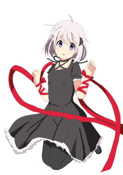 1girl :o absurdres ahoge anime_coloring black_choker black_dress black_pantyhose blush choker commentary_request criss-cross_halter dress frilled_dress frilled_sleeves frills full_body grey_hair hair_between_eyes halterneck hands_up highres kagari_(rewrite) kneeling long_ribbon looking_at_viewer medium_hair nutsu8935290986 open_mouth pantyhose puffy_short_sleeves puffy_sleeves purple_eyes red_ribbon rewrite ribbon short_sleeves simple_background solo tareme white_background