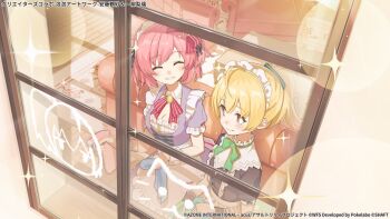 2girls ^_^ ahoge ando_tazusa apron armchair assault_lily black_dress black_ribbon blonde_hair blush bottle bow bowtie breasts carpet chair cleaning_rag cleavage closed_eyes closed_mouth coffee_table commentary_request copyright_notice cowboy_shot cross-laced_clothes cross-laced_dress detached_sleeves drawing_(object) dress frilled_apron frilled_dress frilled_shirt_collar frilled_sleeves frills from_above from_outside green_bow green_bowtie green_ribbon grin hair_bow hair_ribbon hands_up high_ponytail highres hitotsuyanagi_riri holding holding_bottle holding_rag hz_(helu_2) looking_at_another looking_to_the_side maid maid_headdress medium_breasts multiple_girls official_alternate_costume official_art one_side_up parted_lips pink_hair ponytail puffy_short_sleeves puffy_sleeves purple_dress red_bow red_bowtie red_eyes ribbon short_hair short_sleeves sleeve_bow smile soap sparkle spray_bottle standing striped_bow striped_bowtie striped_clothes striped_ribbon table waist_apron white_apron window wooden_floor wrist_cuffs