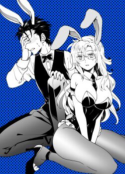 1boy 1girl animal_ears armband between_legs black_hair black_leotard black_vest blue_background blush bow bowtie breasts clenched_teeth collared_shirt detached_collar foot_out_of_frame glasses grey_pants hair_between_eyes hand_between_legs hand_on_own_face hand_on_own_knee high_heels highres ikuhashi_muiko kiryuu_moeka kneeling large_breasts leotard long_hair monochrome okabe_rintarou pants pantyhose parted_lips playboy_bunny rabbit_boy rabbit_ears rabbit_girl rabbit_tail science_adventure shirt short_hair spot_color steins;gate strapless strapless_leotard sweatdrop tail teeth vest wavy_hair white_shirt