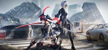 2b_(nier:automata) 2girls abandoned absurdres asymmetrical_legwear back-to-back back_cutout black_dress black_footwear black_hair black_hairband black_thighhighs blindfold boots breasts broken broken_glass car chinese_commentary cleavage clothing_cutout commentary crosswalk dated direction_board dress dump_truck dust fake_horns feather-trimmed_sleeves fighting_stance glass gloves gradient_hair hair_ornament hairband headgear high_heel_boots high_heels highres holding holding_sword holding_weapon horns joints juliet_sleeves katana long_sleeves lucia:_dawn_(pgr) lucia_(pgr) mechanical_arms mechanical_foot medium_breasts medium_hair motor_vehicle multicolored_hair multiple_girls nier:automata nier_(series) on_one_knee outdoors pleated_dress pouch puffy_sleeves punishing:_gray_raven qnzy red_eyes red_hair road_sign robot robot_joints ruins short_dress side-view_mirror side_slit sidelocks sign signature single_thighhigh standing sword thigh_boots thigh_pouch thigh_strap thighhighs thighhighs_under_boots truck twintails virtuous_contract voice_actor_connection weapon wheel white_hair x_hair_ornament zettai_ryouiki