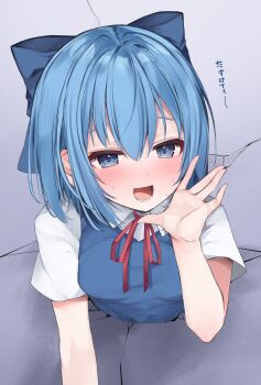 1girl blue_bow blue_dress blue_eyes blue_hair bow breasts cirno collared_shirt commentary_request dress hair_between_eyes hair_bow highres karasusou_nano neck_ribbon open_mouth pinafore_dress red_ribbon ribbon shirt short_hair short_sleeves sleeveless sleeveless_dress small_breasts smile solo through_wall touhou translation_request white_shirt