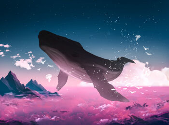above_clouds animal animal_focus cloud commentary fish flying_fish flying_whale highres horizon jellyfish mountain night night_sky no_humans nor_ni original outdoors pink_clouds scenery sky star_(sky) starry_sky symbol-only_commentary whale