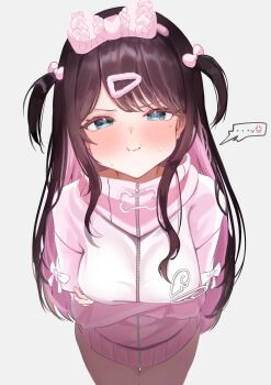 1girl absurdres blush breasts brown_hair commentary_request hairband highres jersey kaga_nazuna large_breasts long_hair lupinus_virtual_games nekoi_(nekoi_0116) pink_hpink solo thighs vspo!