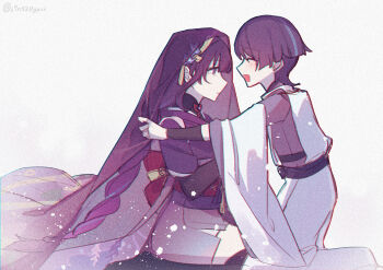 1boy 1girl absurdres artist_name blush braid bridal_gauntlets c520gpss chinese_commentary chinese_text closed_eyes closed_mouth feather_necklace from_side genshin_impact grey_background hair_between_eyes hair_ornament hand_on_another&#039;s_arm hand_on_another&#039;s_cheek hand_on_another&#039;s_face happy highres japanese_clothes jewelry kneeling leaning_forward light_particles lofter_username long_braid looking_at_viewer mole mole_under_eye mother_and_son multicolored_hair necklace official_alternate_costume open_mouth purple_eyes purple_hair purple_nails purple_veil raiden_shogun scaramouche_(genshin_impact) scaramouche_(kabukimono)_(genshin_impact) seiza shade short_hair short_sleeves single_braid sitting speech_bubble streaked_hair teeth upper_teeth_only veil wide_sleeves