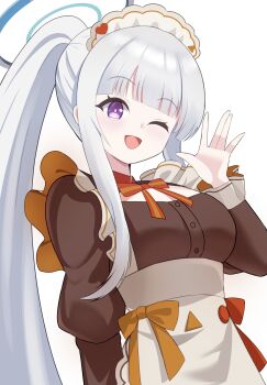 1girl apron blue_archive breasts commentary_request halo highres large_breasts long_hair maid maid_apron maid_headdress mechanical_halo noa_(blue_archive) one_eye_closed open_mouth ponytail purple_eyes raimu_(clanberry000) smile white_hair white_halo