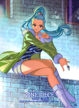 1girl blue_hair blue_shirt boots breasts closed_mouth commentary_request copyright_logo copyright_name copyright_notice forehead glint green_jacket high_ponytail highres holding holding_weapon jacket large_breasts logo long_hair long_sleeves looking_at_viewer nefertari_vivi official_art one_piece one_piece_card_game open_clothes open_jacket ponytail shirt shorts sitting solo sunohara_(encount) weapon white_boots white_shorts