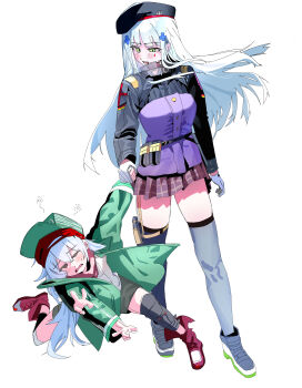 2girls absurdres beret black_boots black_hat black_jacket black_shorts black_thighhighs blue_hair blush boots commentary cross_hair_ornament floating_hair full_body g11_(girls&#039;_frontline) girls&#039;_frontline green_hair green_hat green_jacket hair_ornament hat headband highres hk416_(girls&#039;_frontline) holding_hands jacket long_hair looking_at_another multicolored_jacket multiple_girls one_eye_closed open_clothes open_jacket open_mouth peaked_cap plaid_clothes plaid_skirt pleated_skirt purple_jacket red_boots red_headband ruppu shorts simple_background skirt squeans tattoo teardrop_facial_mark teardrop_tattoo teeth thighhighs two-tone_jacket white_background white_hair