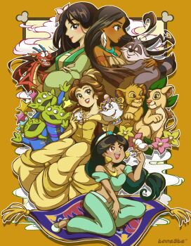 aladdin_(movie) alien alien_(toy_story) ame_(tameste) beauty_and_the_beast_(disney) belle_(disney) black_hair brown_eyes chip_potts closed_eyes colored_skin cup dark-skinned_female dark_skin disney disney_princess dragon dress earrings extra_eyes fa_mulan_(disney) feather_earrings feathers flower green_skin highres jasmine_(disney) jewelry lion magic_carpet meeko_(disney) midriff mrs._potts mulan_(movie) multiple_girls mushu_(disney) nala_(the_lion_king) necklace open_mouth pink_flower pocahontas_(disney) pocahontas_(movie) raccoon simba teacup the_lion_king toy_story yellow_dress yellow_flower