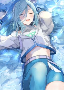 Rule 34 | 1girl, ;d, belt, blue eyes, blue hair, blush, crop top, gloves, hair between eyes, highres, hinomori shizuku, jacket, knee up, kunizaki, light blue hair, long hair, long sleeves, looking at viewer, lying, midriff, mole, mole under mouth, on back, one eye closed, open mouth, pants, partially submerged, project sekai, shirt, shorts, smile, solo, water, white gloves, white shirt