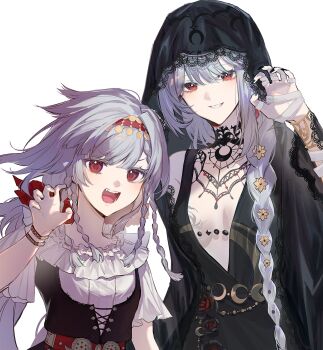 2girls bandaged_hand bandages bare_shoulders black_corset black_dress black_nails black_veil breasts breasts_apart claw_pose corset dress grey_hair grin hairband hand_up highres lace-trimmed_veil lace_trim long_braid long_hair looking_at_viewer medium_breasts multiple_girls no_bra official_alternate_costume open_mouth plunging_neckline red_eyes red_hairband reverse:1999 rubuska semmelweis_(reverse:1999) semmelweis_(the_wax_and_wane_of_the_heart)_(reverse:1999) shirt side-by-side sleeveless sleeveless_dress smile sp0i0ppp teeth tongue upper_body veil white_hair white_shirt