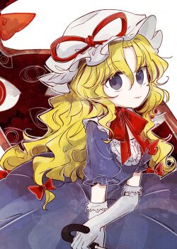 1girl blonde_hair choker commentary_request dress elbow_gloves frills gap_(touhou) gloves hair_ribbon hat highres holding holding_umbrella light_smile long_hair mob_cap purple_dress purple_eyes ribbon ribbon_choker short_sleeves solo tama_(hiroshige_36) touhou twitter_username umbrella wavy_hair white_background white_gloves yakumo_yukari