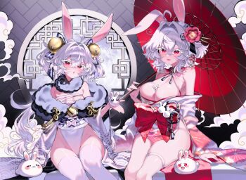 2girls :3 absurdres ahoge animal_ears bare_legs bell between_breasts breasts chest_sarashi chestnut_mouth cleavage commentary covered_navel crossed_bangs flower hair_bell hair_between_eyes hair_flower hair_intakes hair_ornament highleg highleg_leotard highres japanese_clothes jingle_bell kimono large_breasts leotard long_sleeves looking_at_viewer mole mole_under_eye multiple_girls obi off_shoulder oil-paper_umbrella open_clothes open_kimono open_mouth original rabbit rabbit_ears rabbit_girl red_eyes sarashi sash savi_(byakushimc) short_hair sitting small_breasts smile thigh_strap thighhighs umbrella white_hair white_leotard white_thighhighs wide_sleeves