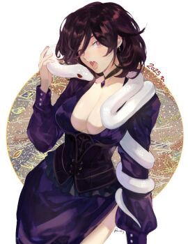 1girl 2025 aubz black_hair breasts chinese_zodiac cleavage commentary dress english_commentary fangs highres large_breasts looking_at_viewer medium_hair new_year octopath_traveler octopath_traveler_ii open_mouth purple_dress red_eyes signature slit_pupils snake solo standing throne_anguis white_snake year_of_the_snake