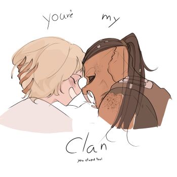 1boy 1girl bilibili_30462051 black_hair blonde_hair closed_eyes dark_skin highres open_mouth ponytail predator_(character) predator_(series) short_hair simple_background smile white_background