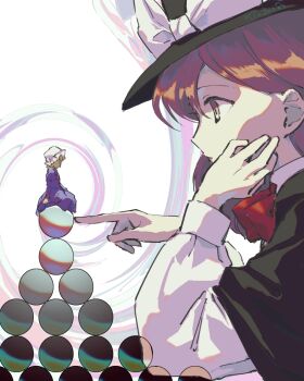 2girls black_capelet brown_eyes brown_hair capelet commentary_request dress expressionless hat head_rest highres kaigen_1025 long_sleeves looking_at_another maribel_hearn medium_hair mini_person mob_cap multiple_girls purple_dress shirt sitting touhou usami_renko white_shirt