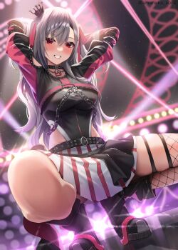 1girl :d absurdres amane_sora arms_behind_head arms_up belt black_boots black_crown black_leotard black_shrug boots breasts clothing_cutout commentary_request concert crown crown_hair_ornament double-parted_bangs fishnet_thighhighs fishnets grey_hair grin hair_ornament hair_ribbon highres hololive hololive_dev_is isaki_riona isaki_riona_(flowglow_uniform) leotard leotard_under_clothes long_hair looking_at_viewer medium_breasts mini_crown miniskirt multicolored_shrug official_alternate_costume open_mouth pink_shrug pleated_skirt red_eyes ribbon shoulder_cutout shrug_(clothing) sidelocks single_thighhigh skirt smile solo squatting studded_belt thigh_strap thighhighs tilted_headwear tiptoes two-tone_shrug two_side_up virtual_youtuber white_skirt