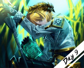 1boy angel_wings black_gloves blonde_hair cowboy_shot e.g.o_(project_moon) formal_clothes gloves head_wreath holding_stone_tablet limbus_company looking_at_viewer male_focus project_moon pursuance_(e.g.o) senard short_hair sinclair_(project_moon) solo stone_tablet suit upper_body weapon white_suit wings yellow_eyes