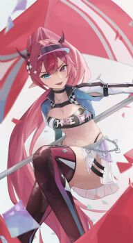 1girl black_horns black_tube_top blue_eyes commentary english_commentary hat heterochromia high_ponytail highres hololive horns huyn_ebuns irys_(hololive) long_hair multicolored_hair pink_hat pleated_skirt pointy_ears ponytail purple_eyes purple_hair race_queen red_hair skirt solo strapless streaked_hair tube_top two-tone_hair virtual_youtuber visor_cap white_skirt