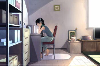 00s 1girl akg akg_k-series_headphones akiyama_mio barefoot black_hair casual chair closed_eyes desk female_focus hands_on_headphones headphones k-on! long_hair profile room sitting solo wooden_floor yakka