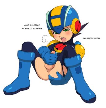 1boy anal_fingering blue_bodysuit blue_boots blue_gloves blue_helmet bodysuit boots fingering gloves green_eyes helmet male_focus male_masturbation masturbation mega_man_(series) megaman.exe penis puffyphantom simple_background solo spanish_text torn_bodysuit torn_clothes translation_request uncensored white_background