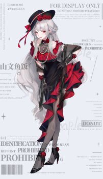 Rule 34 | 1girl, absurdres, barcode, bare shoulders, bead bracelet, beads, black dress, black gloves, black hat, black shawl, black shirt, black shoes, blue background, blunt bangs, bow, bracelet, buttons, choker, clothing cutout, collarbone, commission, dress, earrings, eyelashes, flower, footwear flower, frilled dress, frills, full body, gloves, grey hair, grey pantyhose, hair flower, hair ornament, hair rings, hand on own hip, hand on own thigh, happy, hat, hat bow, hat flower, high heels, highres, jewelry, lace shirt, lipstick, long dress, long hair, long sidelocks, looking at viewer, makeup, neck flower, orange eyes, original, pantyhose, parted lips, red bow, red choker, red flower, red lips, red rose, rose, sample watermark, shanwenyufan, shawl, shirt, shirt under dress, shoes, shoulder cutout, side slit, sidelocks, simple background, sleeveless, sleeveless shirt, smile, solo, sparkle, sphere earrings, standing, stiletto heels, teeth, too many watermarks, very long hair, watermark, wavy hair