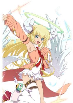 Rule 34 | 1girl, artist request, blonde hair, blue eyes, colette brunel, cosplay, feathered wings, game cg, gem, gold choker, halo, horns, jewelry, long hair, looking at viewer, necklace, necktie, official alternate costume, official art, open mouth, red gem, red necktie, smile, solo, tales of (series), tales of asteria, tales of symphonia, third-party source, transparent background, wings