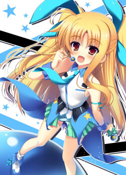 Rule 34 | 1girl, :d, alicia testarossa, bare shoulders, belt, blonde hair, blush, bow, buckle, fang, female focus, headset, long hair, lyrical nanoha, mahou shoujo lyrical nanoha innocent, microphone, necktie, open mouth, raiou, red eyes, ribbon, skirt, smile, socks, solo, star (symbol), two side up, wrist cuffs
