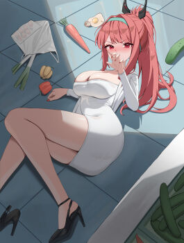 1girl absurdres angrycat_(tkuw2438) bell_pepper blush breasts carrot cleavage commentary dress english_commentary goddess_of_victory:_nikke green_hairband hair_ornament hairband high_heels high_ponytail highres jacket large_breasts long_hair long_sleeves looking_at_viewer official_alternate_hairstyle ponytail rapi_(nikke) rapi_(red_hood)_(nikke) red_eyes red_hair red_nails short_dress skindentation slingback_heels spring_onion strapless strapless_dress taut_clothes taut_dress tube_dress white_dress white_jacket zucchini_(vegetable)