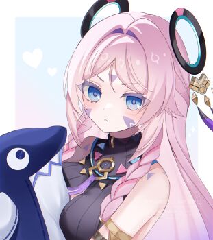1girl armlet bare_shoulders blue_eyes blush body_markings border braid breasts citlali_(genshin_impact) closed_mouth commentary facial_mark floating_head forehead_mark genshin_impact gradient_background hair_intakes heart highres itzpapa_(genshin_impact) jewelry kino_(curry_pan) long_hair looking_at_viewer medium_breasts multicolored_hair pink_hair pink_pupils solo streaked_hair stuffed_toy triangle triangle_facial_mark twin_braids white_border