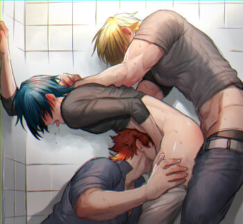 3boys anal arm_between_legs arm_support arm_up belt bent_over black_shirt blonde_hair blowjob_while_penetrated blue_eyes blush clothes_lift clothes_pull collared_shirt commentary_request covered_abs covered_eyes covered_pectorals deepthroat dimitri_alexandre_blaiddyd drooling fellatio fire_emblem fire_emblem:_three_houses from_side full-face_blush green_hair grey_pants grey_shirt groin group_sex hair_over_eyes hand_on_another's_back hand_on_another's_thigh highres male_byleth_(fire_emblem) male_focus male_penetrated midriff mmm_threesome multiple_boys muscular muscular_male nintendo none_(kameko227) open_pants oral orange_hair pants pants_pull pectorals penetration_while_penetrated popped_collar profile saliva sex shirt shirt_lift short_sleeves sleeves_rolled_up standing standing_sex sweat sweatdrop sylvain_jose_gautier t-shirt threesome tile_wall tiles tongue tongue_out veins veiny_arms white_belt yaoi