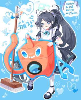 1girl apron aris_(blue_archive) aris_(maid)_(blue_archive) black_dress black_hair blue_archive blue_background blue_eyes blue_ribbon blush commentary_request commission crossover dress full_body gen_4_pokemon grin highres kei_(robot)_(blue_archive) korean_text long_hair maid_headdress mary_janes mop musical_note nintendo outline pantyhose pokemon pokemon_(creature) ponytail ribbon rotom rotom_(normal) rotom_(wash) shoes short_sleeves smile speech_bubble tears translation_request ttrtag white_apron white_outline white_pantyhose