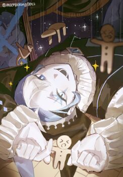 1boy blue_eyes blue_hair blush bright_pupils collar cookie_run cookie_run:_kingdom facial_mark frilled_collar frilled_sleeves frills grey_eyes heterochromia highres jester long_sleeves looking_at_viewer lying maengkkong8852 male_focus multicolored_hair neck_ruff on_back open_mouth pale_skin shadow_milk_cookie shirt short_hair smile solo sparkle twitter_username upside-down white_eyes white_hair white_pupils white_shirt