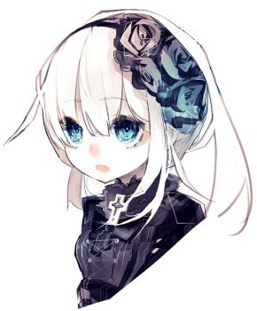 Rule 34 | 1girl, blue eyes, blush, collar, commentary request, cross, dress, expressionless, flower hairband, frilled collar, frills, hair ornament, hair ribbon, high collar, jewelry, long hair, looking at viewer, open mouth, original, pale skin, portrait, ribbon, riuichi, simple background, white background, white hair