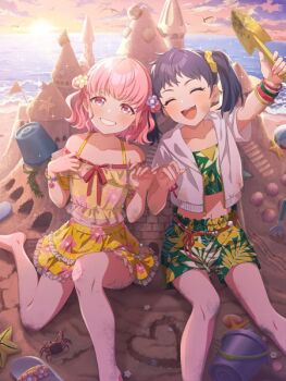 2girls artist_request bikini bikini_skirt bracelet bucket clenched_teeth closed_eyes crab hair_bun hinomoto_hinatsu holding holding_shovel itou_momiji jacket jacket_over_swimsuit jewelry male_swimwear medium_hair mole mole_under_eye multiple_girls navel ocean official_art one-piece_swimsuit open_mouth pink_hair print_swimsuit purple_hair sand sand_castle sand_sculpture shell shine_post shovel side_up_bun sitting starfish sunset swim_trunks swimsuit teeth twintails upper_teeth_only