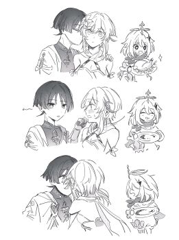 1boy 2girls :d blunt_ends blush bodysuit breasts brmbr cape cleavage closed_eyes closed_mouth clothes_grab couple covered_collarbone detached_sleeves diamond_hair_ornament dress drooling earrings embarrassed feather_earrings feathers flower genshin_impact gloves hair_flower hair_ornament hair_over_eyes halo halterneck hand_on_another's_shoulder hetero highres holding holding_plate japanese_clothes jewelry kimono kiss kissing_cheek layered_sleeves leaning_back long_sleeves looking_at_another looking_to_the_side lumine_(genshin_impact) mandarin_collar mechanical_halo monochrome mouth_drool multiple_girls open_clothes open_kimono open_mouth paimon_(genshin_impact) parted_lips partially_fingerless_gloves plate romper rope scaramouche_(genshin_impact) scarf sequential short_hair short_hair_with_long_locks short_sleeves shoulder_peek sidelocks single_vambrace smile sparkling_eyes sweatdrop sweet_madame_(genshin_impact) tongue tongue_out vambraces vision_(genshin_impact) wanderer_(genshin_impact) wide-eyed