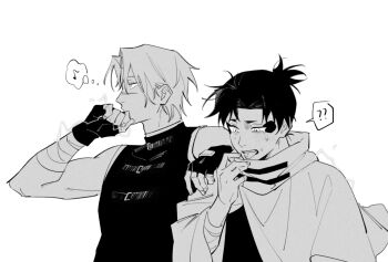 2boys ? bandaged_arm bandages bare_arms blush collared_cloak commentary electricity fingerless_gloves forehead gloves greyscale high_collar implied_after_kiss implied_yaoi kagurabachi male_focus monochrome multiple_boys musical_note natsuki_misaka parted_bangs scar scar_on_face scar_on_nose shirt short_eyebrows sleeveless sleeveless_shirt speech_bubble spoken_musical_note spoken_question_mark thought_bubble toned toned_male tongue tongue_out upper_body uruha_youji yi_(826805607)